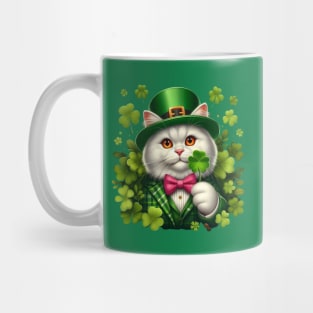 St. Patricks Day White Irish Cat Wearing A Leprechaun And Holding A Shamrock Mug